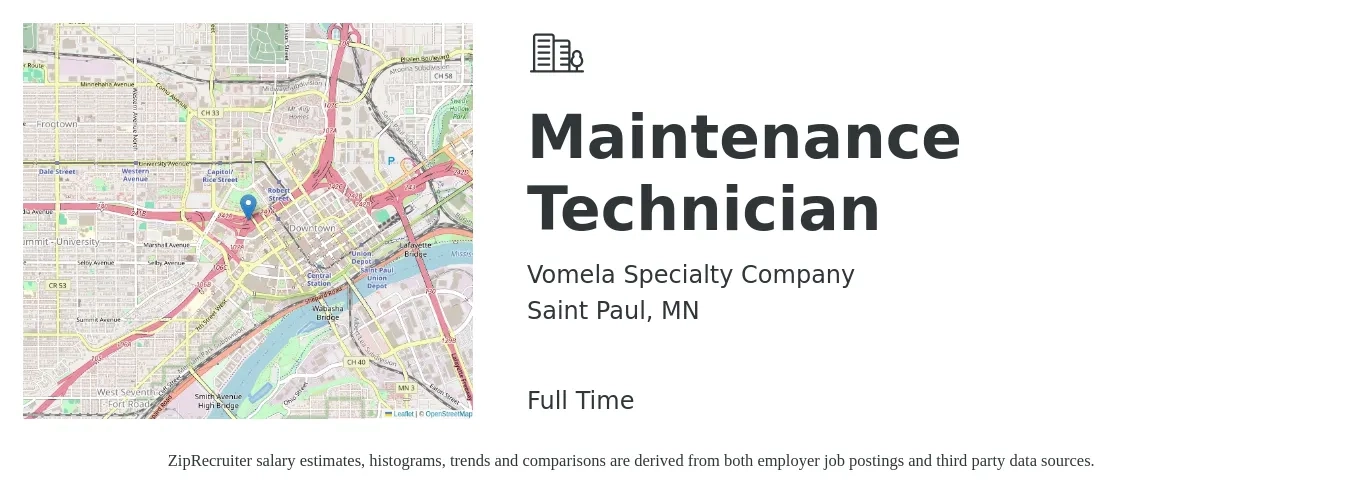 Vomela Specialty Company job posting for a Maintenance Technician in Saint Paul, MN with a salary of $20 to $27 Hourly with a map of Saint Paul location.