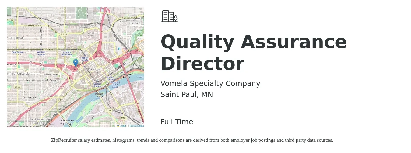 Vomela Specialty Company job posting for a Quality Assurance Director in Saint Paul, MN with a salary of $104,200 to $170,900 Yearly with a map of Saint Paul location.