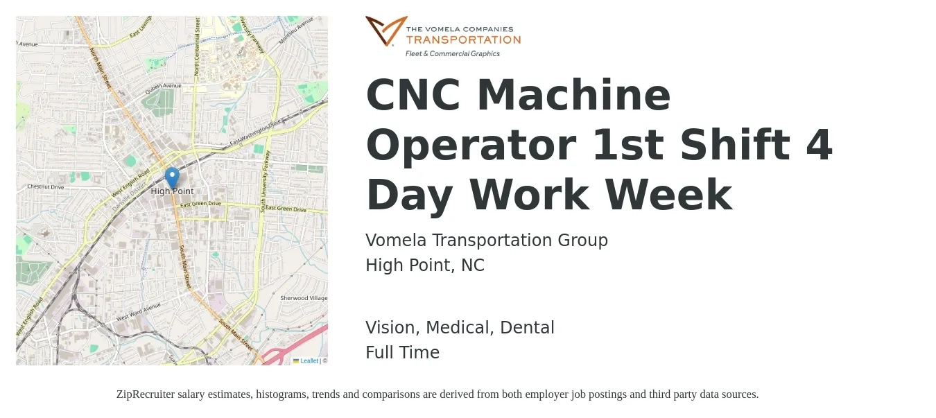 Vomela Transportation Group job posting for a CNC Machine Operator 1st Shift 4 Day Work Week in High Point, NC with a salary of $18 to $25 Hourly and benefits including dental, life_insurance, medical, pto, retirement, and vision with a map of High Point location.