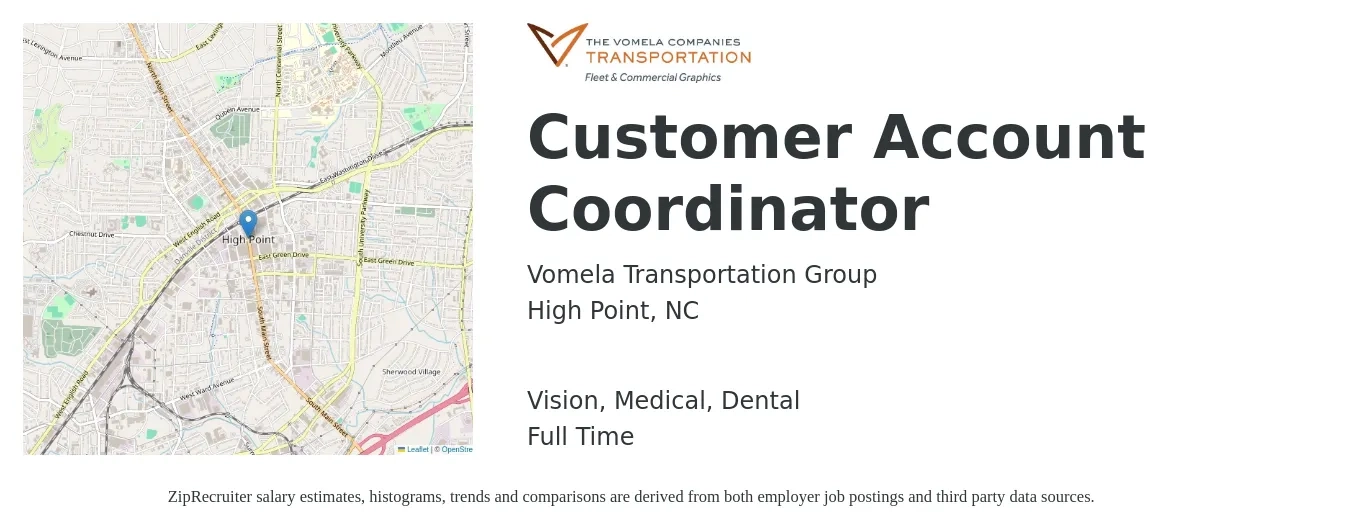 Vomela Transportation Group job posting for a Customer Account Coordinator in High Point, NC with a salary of $32,100 to $44,600 Yearly and benefits including vision, dental, life_insurance, medical, and pto with a map of High Point location.