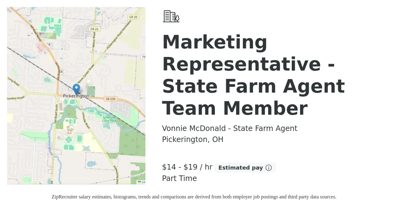 Vonnie McDonald - State Farm Agent job posting for a Marketing Representative - State Farm Agent Team Member in Pickerington, OH with a salary of $15 to $20 Hourly with a map of Pickerington location.