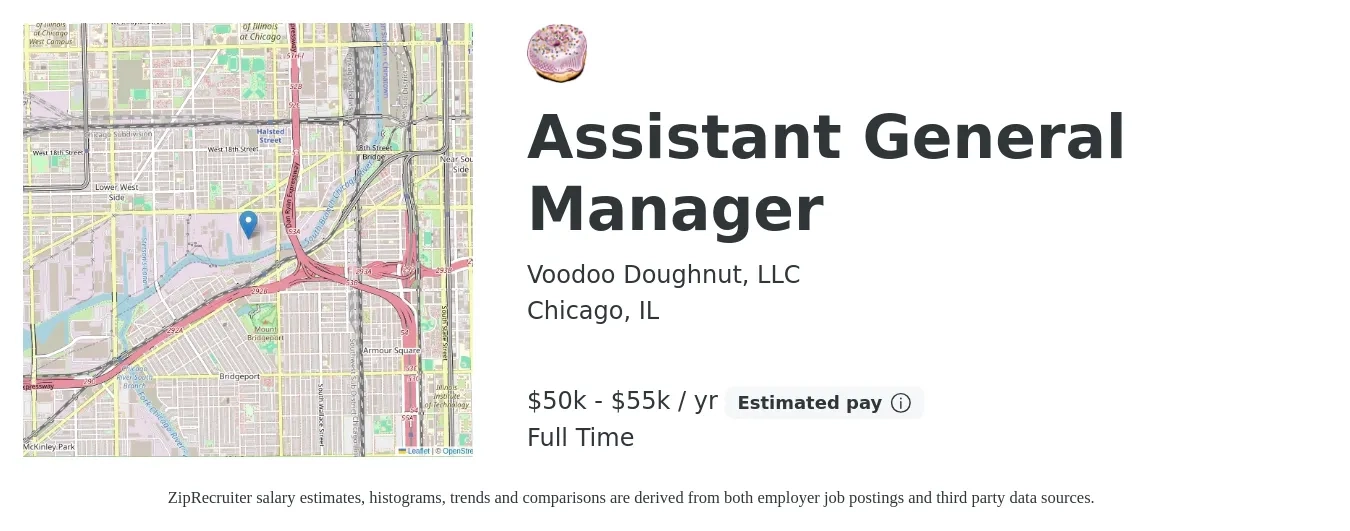 Voodoo Doughnut, LLC job posting for a Assistant General Manager in Chicago, IL with a salary of $50,000 to $55,000 Yearly with a map of Chicago location.
