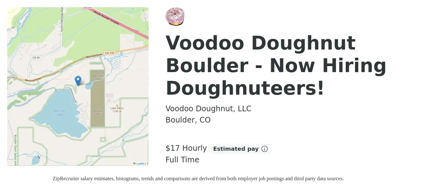 Voodoo Doughnut, LLC job posting for a Voodoo Doughnut Boulder - Now Hiring Doughnuteers! in Boulder, CO with a salary of $18 Hourly with a map of Boulder location.