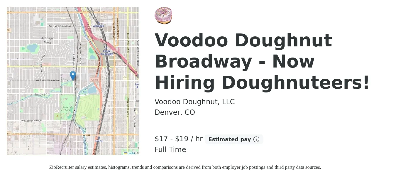 Voodoo Doughnut, LLC job posting for a Voodoo Doughnut Broadway - Now Hiring Doughnuteers! in Denver, CO with a salary of $18 to $20 Hourly with a map of Denver location.