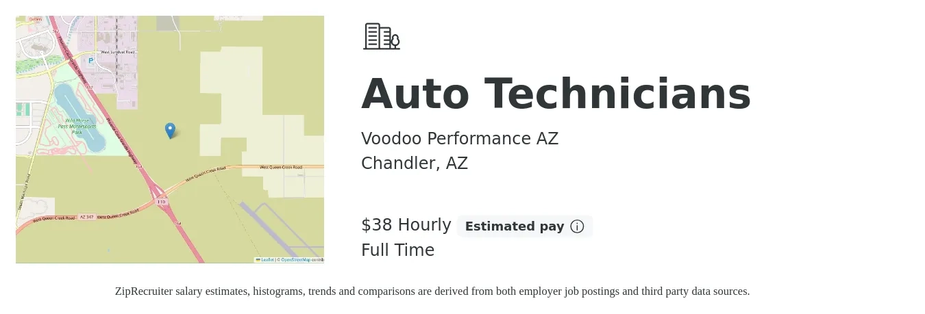 Voodoo Performance AZ job posting for a Auto Technicians in Chandler, AZ with a salary of $30 Hourly and benefits including pto with a map of Chandler location.