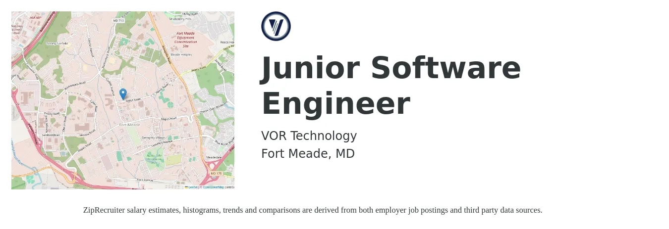 VOR Technology job posting for a Junior Software Engineer in Fort Meade, MD with a salary of $81,000 to $105,900 Yearly with a map of Fort Meade location.