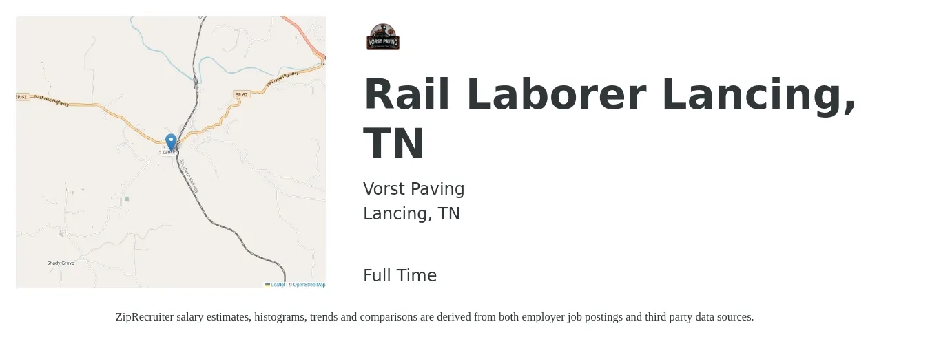 Vorst Paving job posting for a Rail Laborer Lancing, TN in Lancing, TN with a salary of $19 to $21 Hourly with a map of Lancing location.