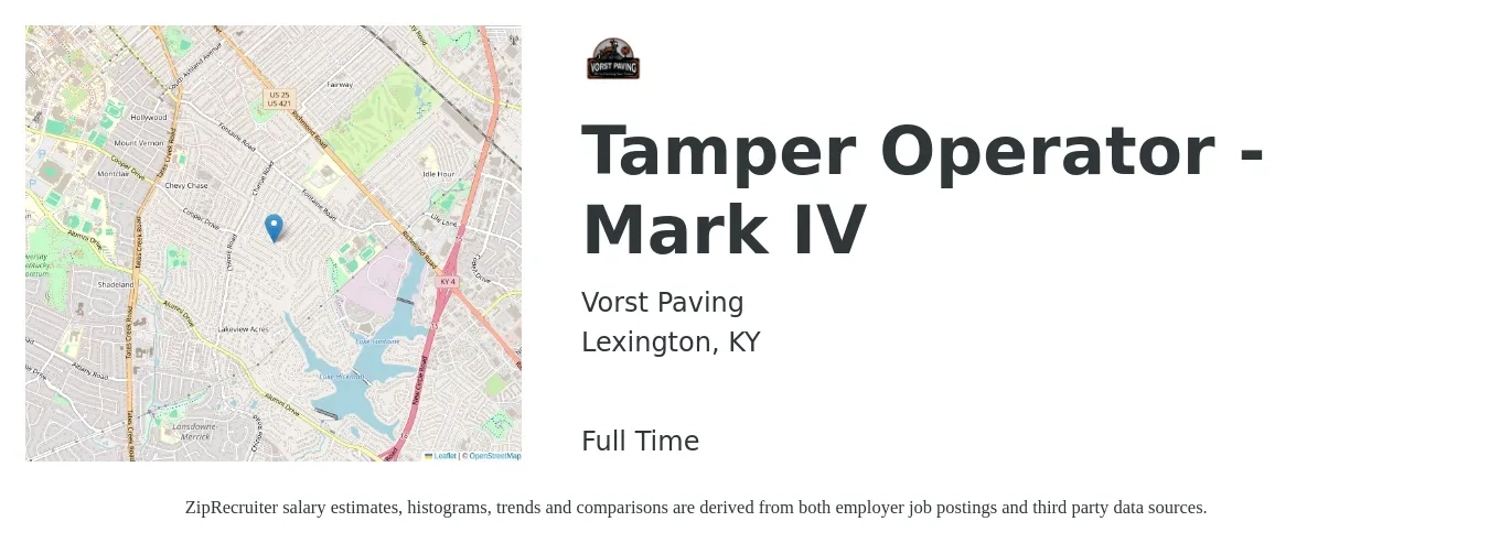 Vorst Paving job posting for a Tamper Operator - Mark IV in Lexington, KY with a salary of $25 to $28 Hourly with a map of Lexington location.
