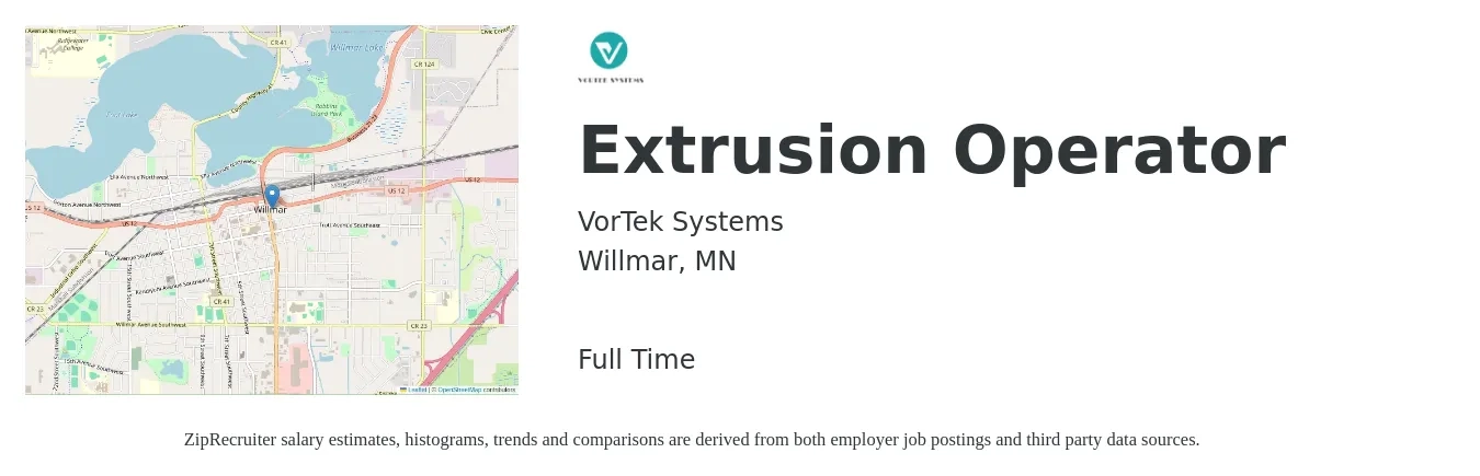 VorTek Systems job posting for a Extrusion Operator in Willmar, MN with a salary of $17 to $22 Hourly with a map of Willmar location.