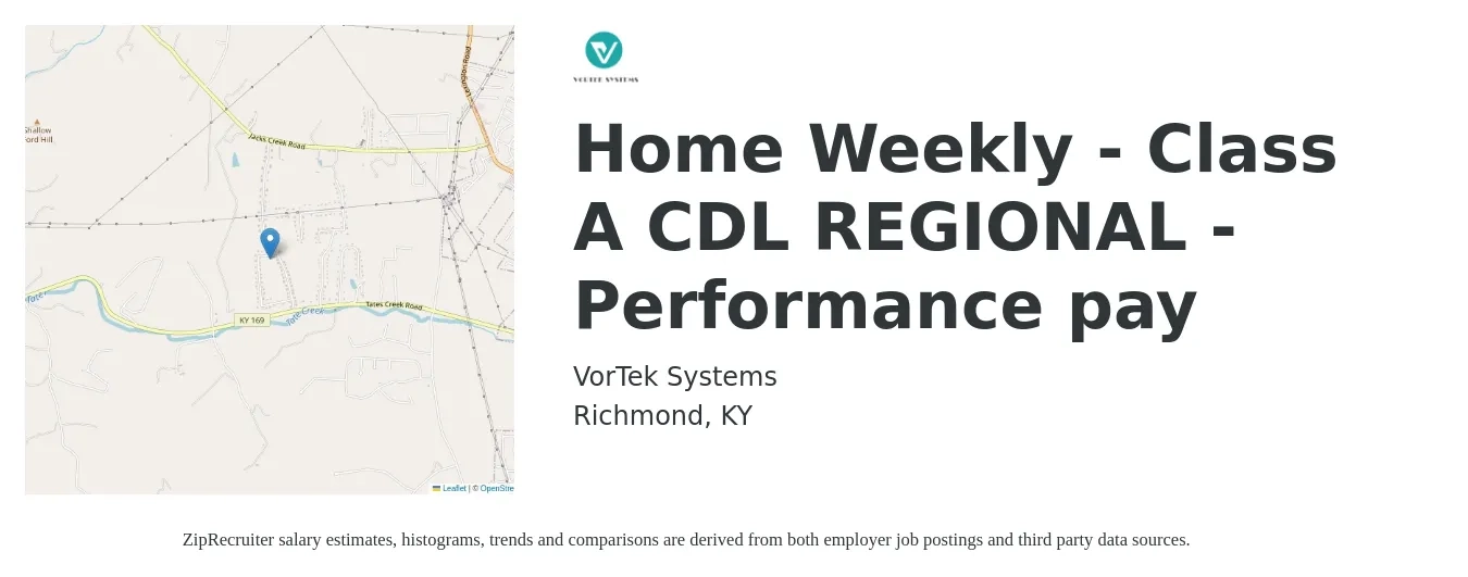 VorTek Systems job posting for a Home Weekly - Class A CDL REGIONAL -Performance pay in Richmond, KY with a salary of $1,650 to $2,300 Weekly with a map of Richmond location.