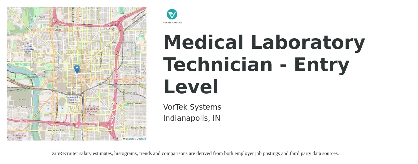 VorTek Systems job posting for a Medical Laboratory Technician - Entry Level in Indianapolis, IN with a salary of $15 to $24 Hourly with a map of Indianapolis location.