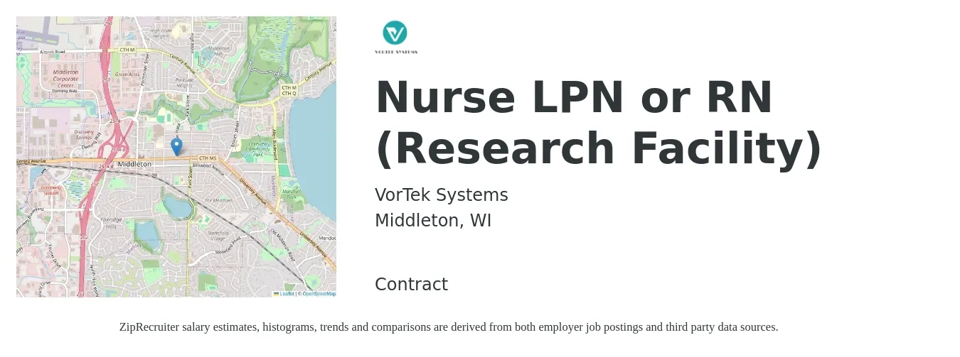 VorTek Systems job posting for a Nurse LPN or RN (Research Facility) in Middleton, WI with a salary of $28 to $38 Hourly with a map of Middleton location.
