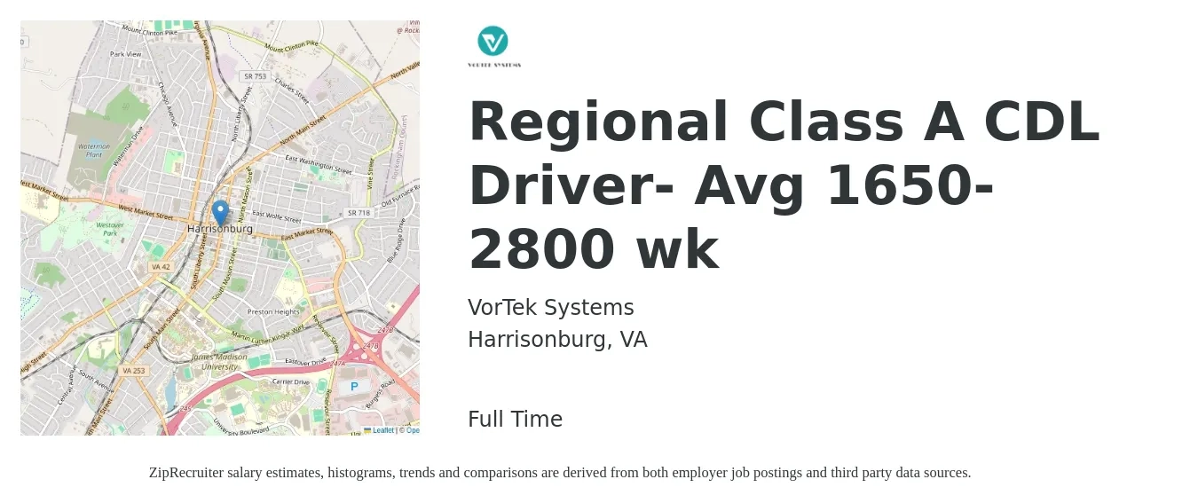 VorTek Systems job posting for a Regional Class A CDL Driver- Avg 1650-2800 wk in Harrisonburg, VA with a salary of $1,650 to $2,800 Weekly with a map of Harrisonburg location.