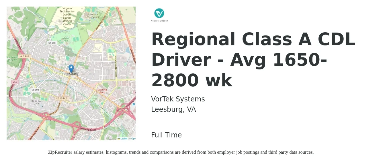 VorTek Systems job posting for a Regional Class A CDL Driver - Avg 1650-2800 wk in Leesburg, VA with a salary of $1,650 to $2,800 Weekly with a map of Leesburg location.