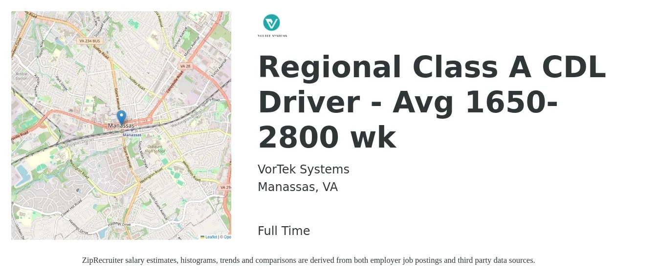 VorTek Systems job posting for a Regional Class A CDL Driver - Avg 1650-2800 wk in Manassas, VA with a salary of $1,650 to $2,800 Weekly with a map of Manassas location.