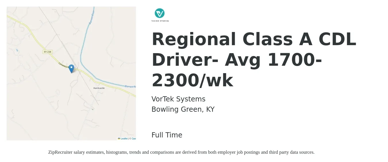 VorTek Systems job posting for a Regional Class A CDL Driver- Avg 1700-2300/wk in Bowling Green, KY with a salary of $1,700 to $2,300 Weekly with a map of Bowling Green location.
