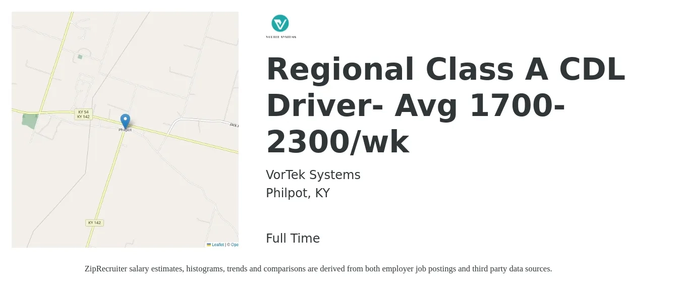 VorTek Systems job posting for a Regional Class A CDL Driver- Avg 1700-2300/wk in Philpot, KY with a salary of $1,700 to $2,300 Weekly with a map of Philpot location.