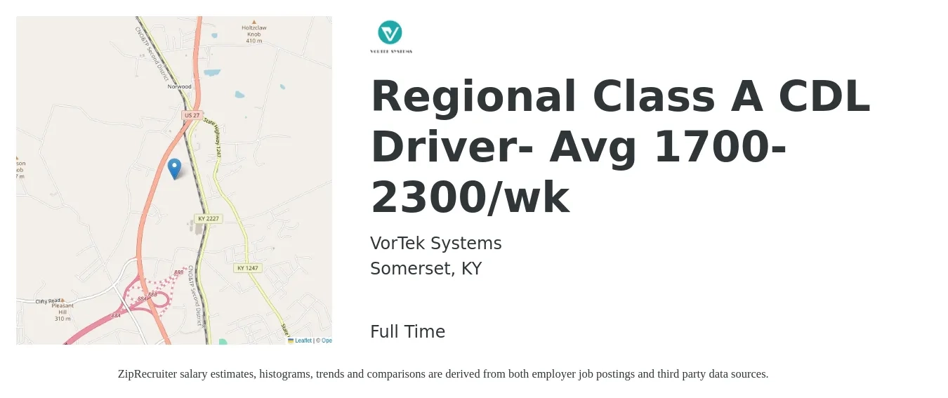 VorTek Systems job posting for a Regional Class A CDL Driver- Avg 1700-2300/wk in Somerset, KY with a salary of $1,700 to $2,300 Weekly with a map of Somerset location.