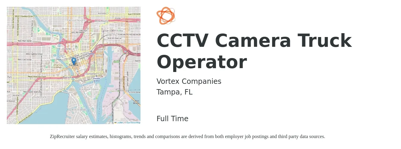 Vortex Companies job posting for a CCTV Camera Truck Operator in Tampa, FL with a salary of $17 to $30 Hourly with a map of Tampa location.
