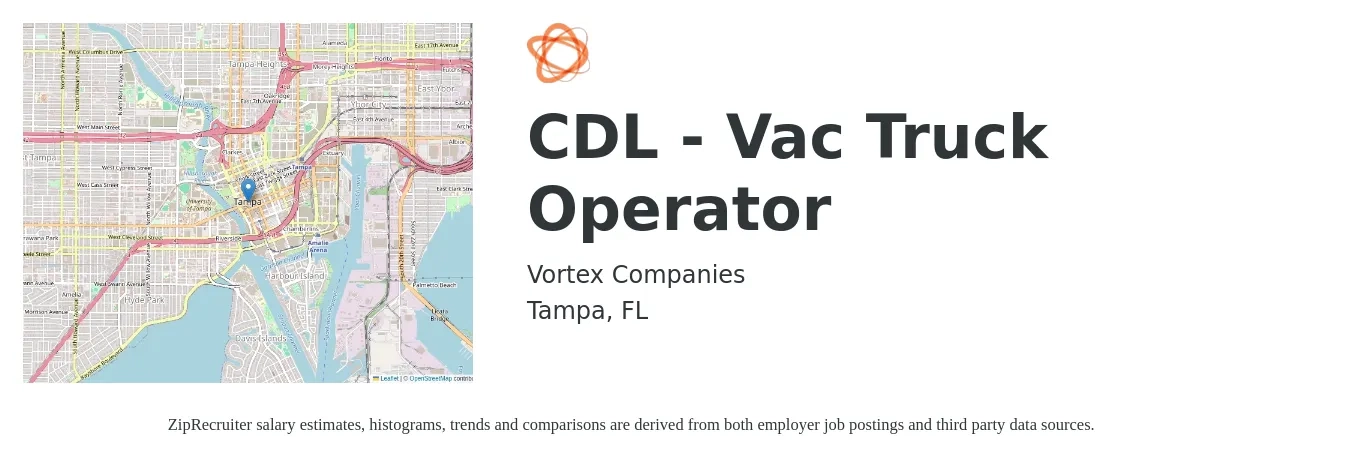 Vortex Companies job posting for a CDL - Vac Truck Operator in Tampa, FL with a salary of $60 Daily with a map of Tampa location.