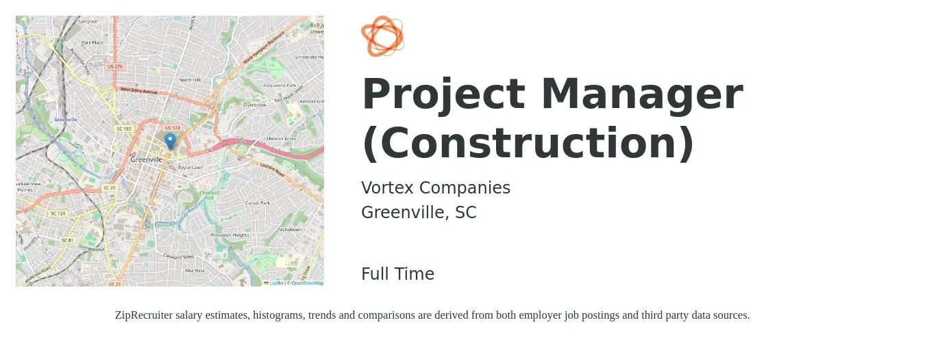 Vortex Companies job posting for a Project Manager (Construction) in Greenville, SC with a salary of $66,900 to $106,100 Yearly with a map of Greenville location.