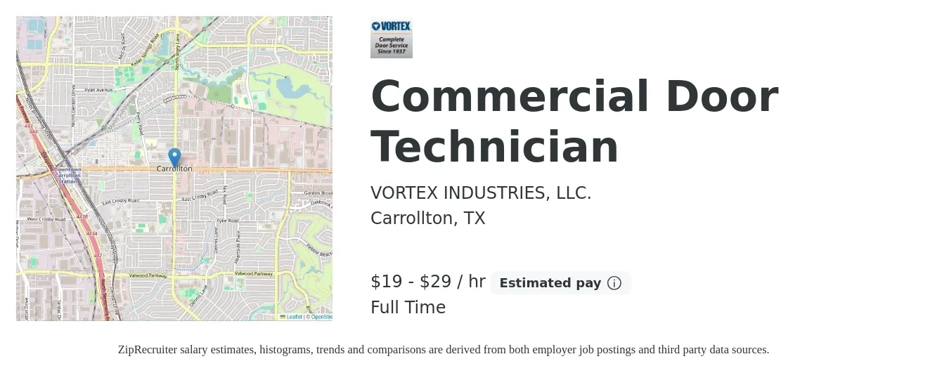 VORTEX INDUSTRIES, LLC. job posting for a Commercial Door Technician in Carrollton, TX with a salary of $20 to $31 Hourly with a map of Carrollton location.