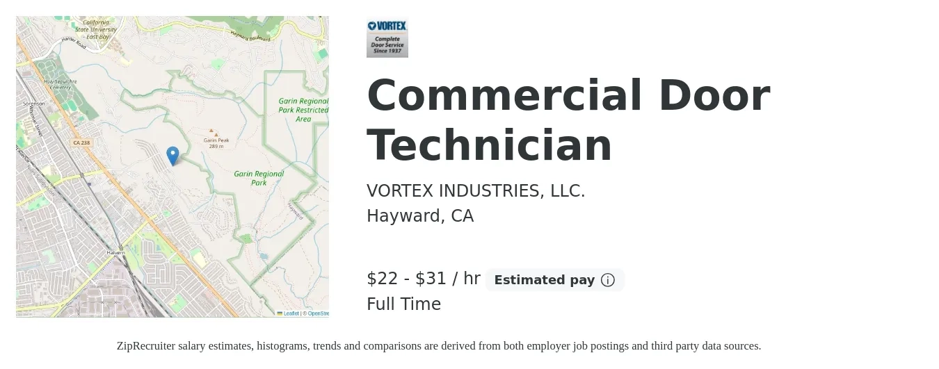 VORTEX INDUSTRIES, LLC. job posting for a Commercial Door Technician in Hayward, CA with a salary of $23 to $33 Hourly with a map of Hayward location.