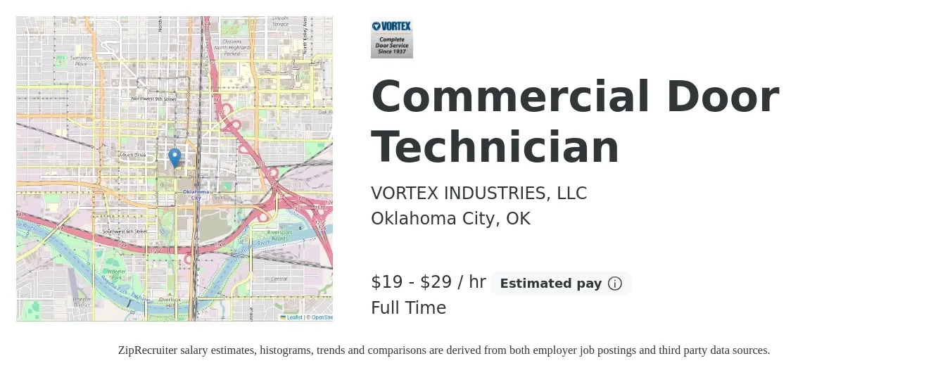 VORTEX INDUSTRIES, LLC. job posting for a Commercial Door Technician in Oklahoma City, OK with a salary of $20 to $31 Hourly with a map of Oklahoma City location.