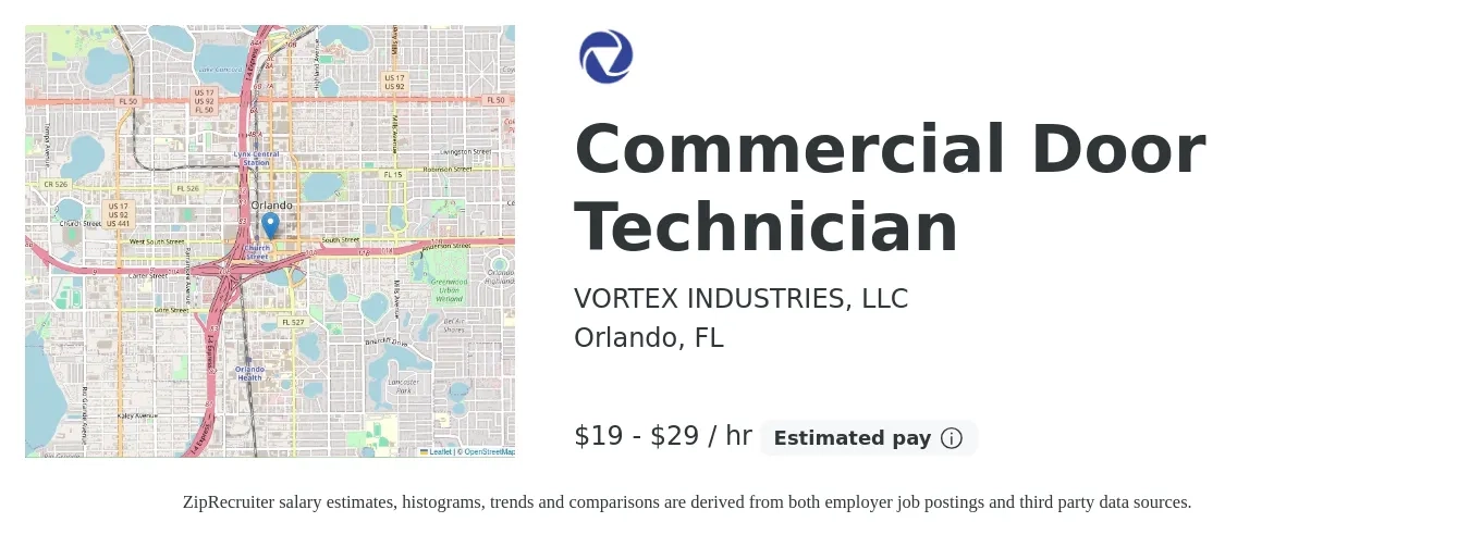VORTEX INDUSTRIES, LLC. job posting for a Commercial Door Technician in Orlando, FL with a salary of $20 to $31 Hourly with a map of Orlando location.