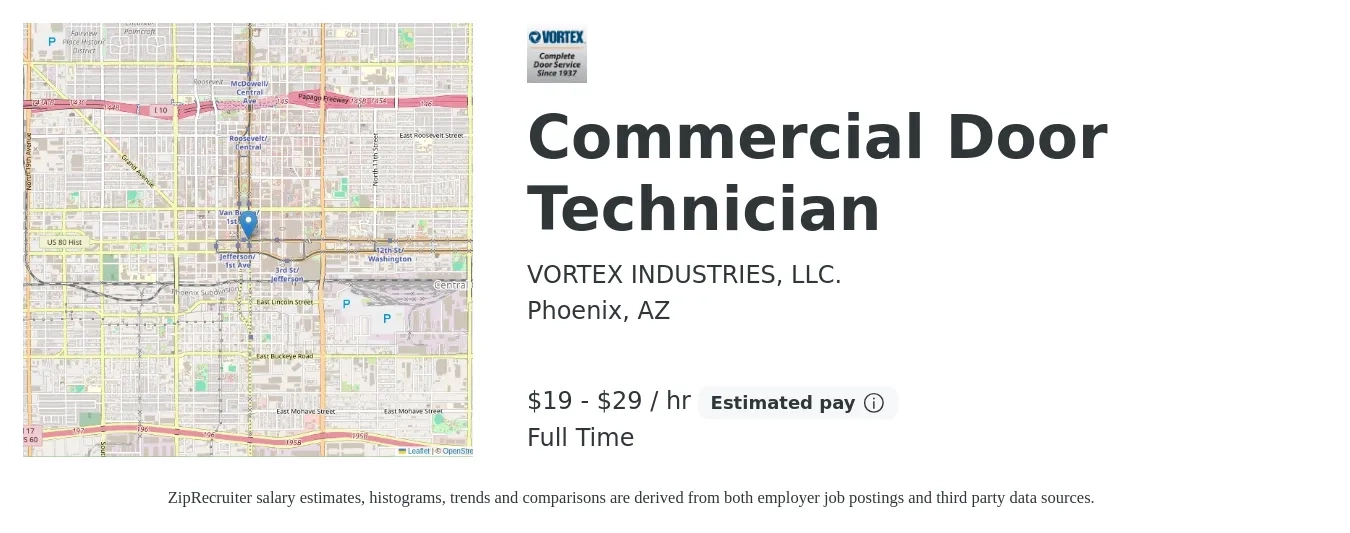 VORTEX INDUSTRIES, LLC. job posting for a Commercial Door Technician in Phoenix, AZ with a salary of $20 to $31 Hourly with a map of Phoenix location.