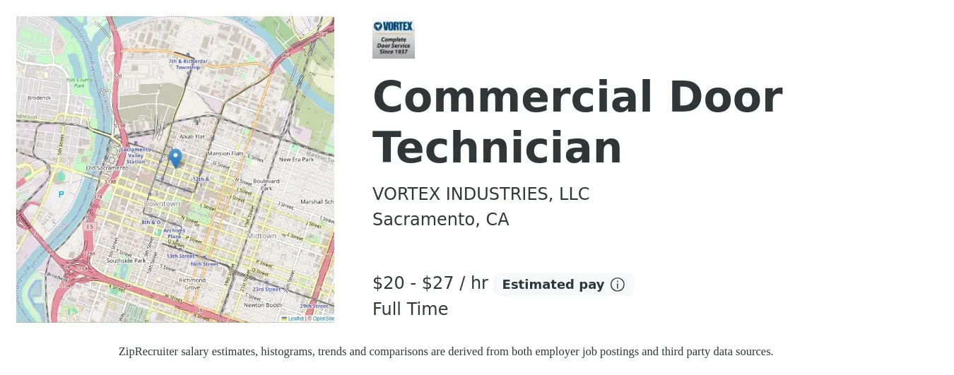 VORTEX INDUSTRIES, LLC. job posting for a Commercial Door Technician in Sacramento, CA with a salary of $22 to $28 Hourly with a map of Sacramento location.