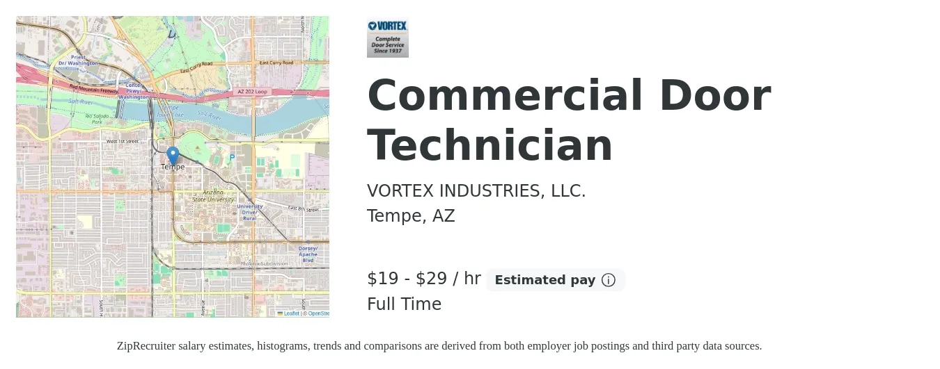 VORTEX INDUSTRIES, LLC. job posting for a Commercial Door Technician in Tempe, AZ with a salary of $20 to $24 Hourly with a map of Tempe location.
