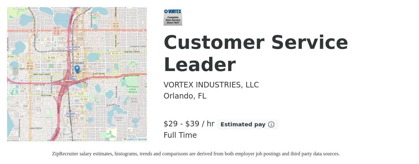 VORTEX INDUSTRIES, LLC. job posting for a Customer Service Leader in Orlando, FL with a salary of $31 to $41 Hourly with a map of Orlando location.