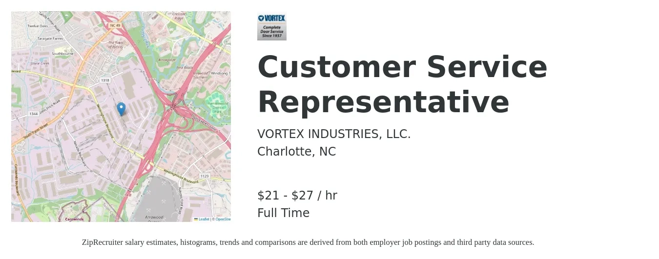 VORTEX INDUSTRIES, LLC. job posting for a Customer Service Representative in Charlotte, NC with a salary of $23 to $29 Hourly with a map of Charlotte location.