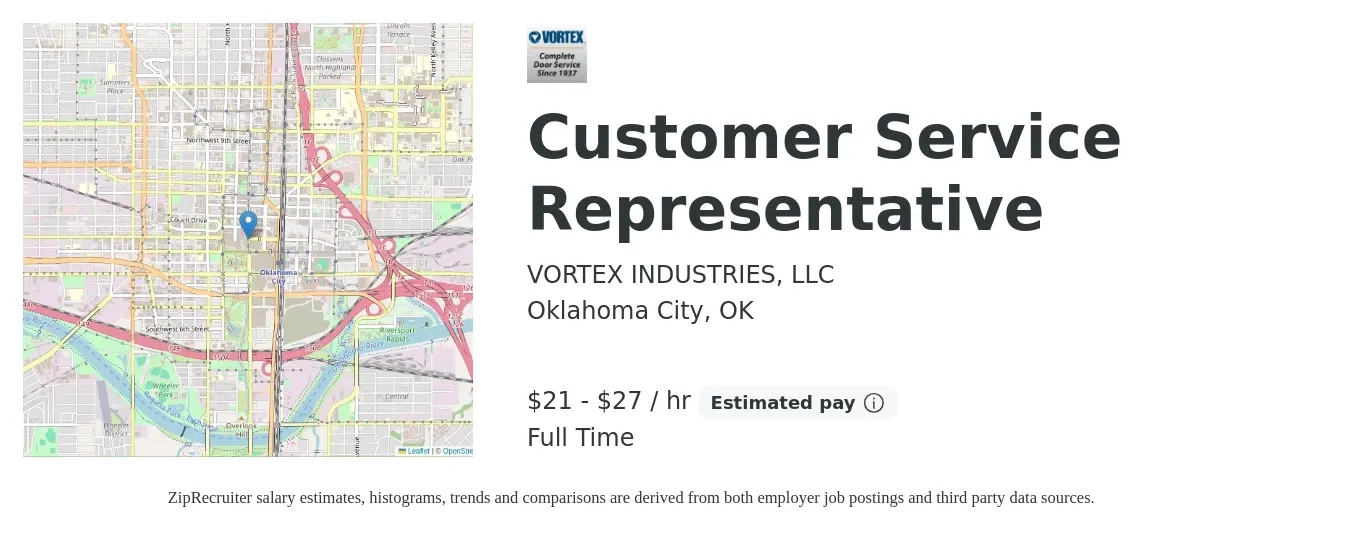 VORTEX INDUSTRIES, LLC. job posting for a Customer Service Representative in Oklahoma City, OK with a salary of $23 to $29 Hourly with a map of Oklahoma City location.