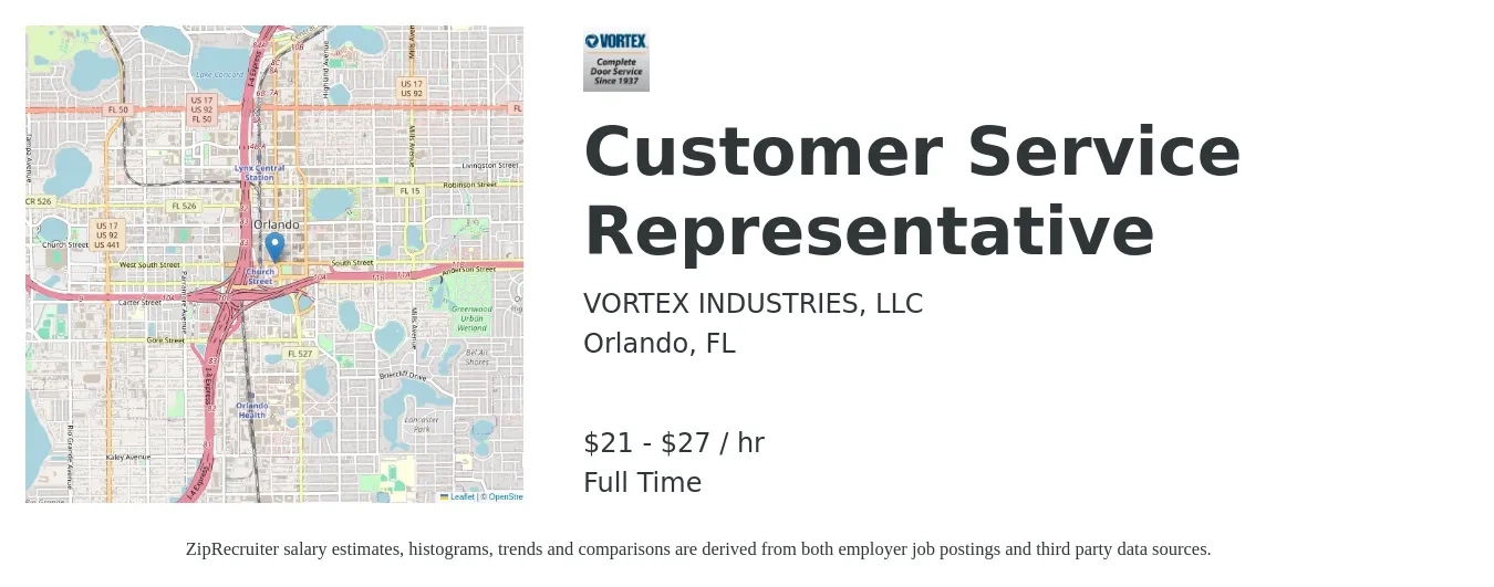 VORTEX INDUSTRIES, LLC. job posting for a Customer Service Representative in Orlando, FL with a salary of $23 to $29 Hourly with a map of Orlando location.