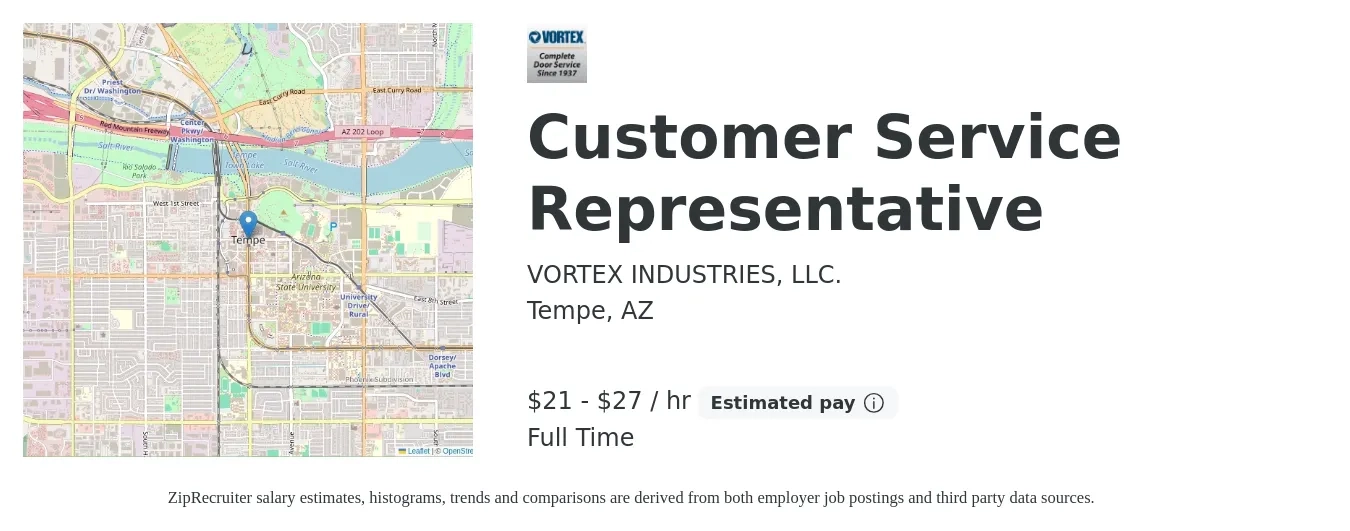 VORTEX INDUSTRIES, LLC. job posting for a Customer Service Representative in Tempe, AZ with a salary of $23 to $29 Hourly with a map of Tempe location.