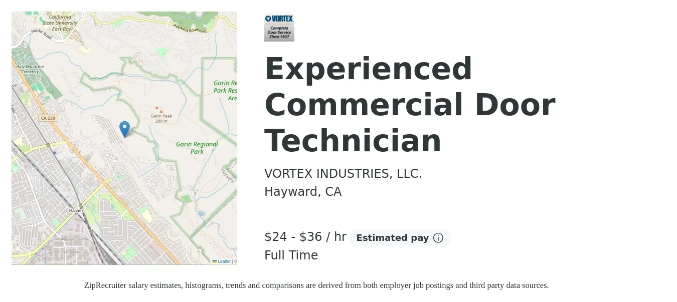 VORTEX INDUSTRIES, LLC. job posting for a Experienced Commercial Door Technician in Hayward, CA with a salary of $25 to $38 Hourly with a map of Hayward location.