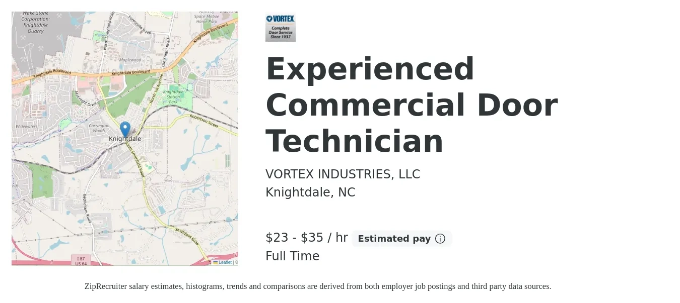 VORTEX INDUSTRIES, LLC. job posting for a Experienced Commercial Door Technician in Knightdale, NC with a salary of $25 to $37 Hourly with a map of Knightdale location.