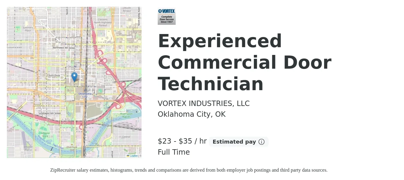 VORTEX INDUSTRIES, LLC. job posting for a Experienced Commercial Door Technician in Oklahoma City, OK with a salary of $32 to $37 Hourly with a map of Oklahoma City location.
