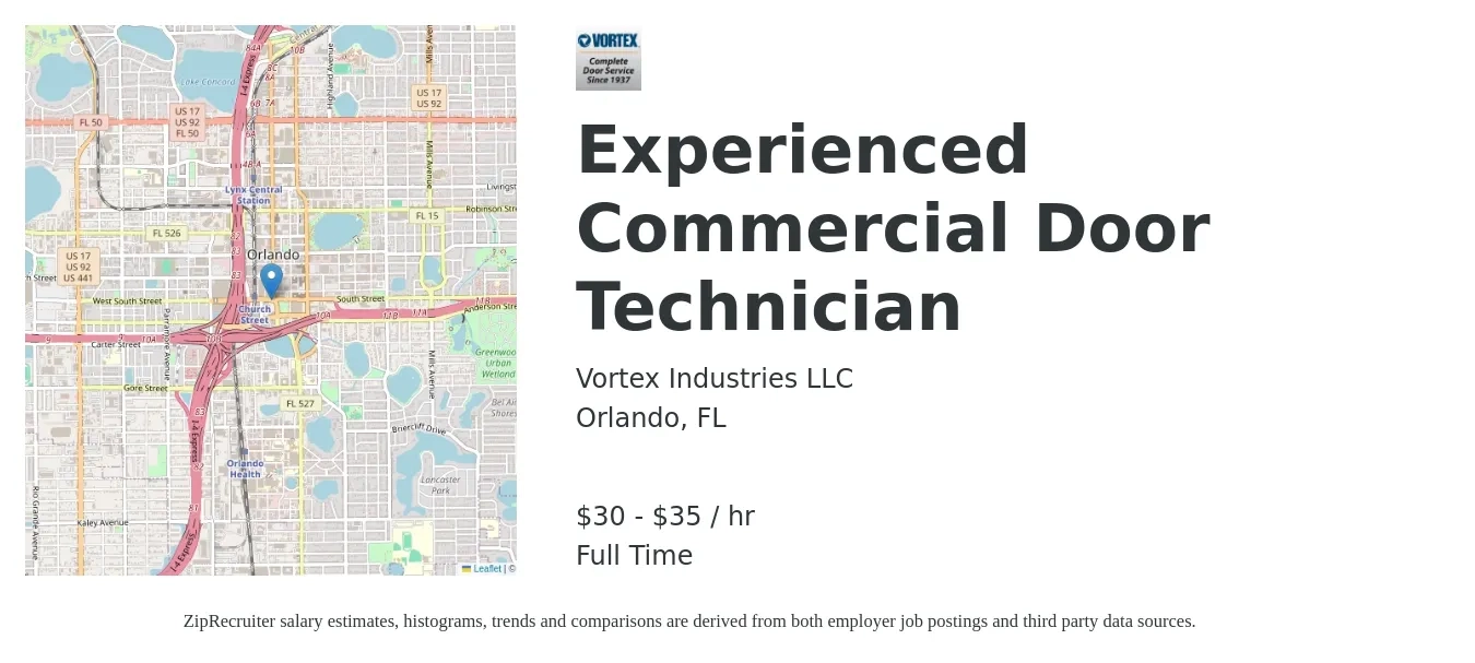 VORTEX INDUSTRIES, LLC. job posting for a Experienced Commercial Door Technician in Orlando, FL with a salary of $32 to $37 Hourly with a map of Orlando location.