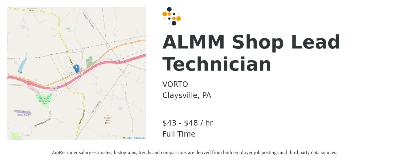 VORTO job posting for a ALMM Shop Lead Technician in Claysville, PA with a salary of $45 to $50 Hourly with a map of Claysville location.