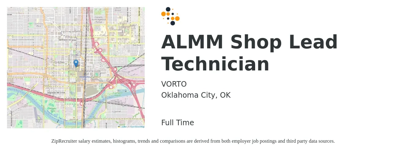 VORTO job posting for a ALMM Shop Lead Technician in Oklahoma City, OK with a salary of $45 to $50 Hourly with a map of Oklahoma City location.