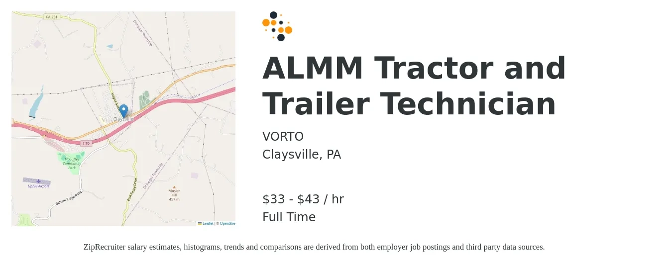 VORTO job posting for a ALMM Tractor and Trailer Technician in Claysville, PA with a salary of $35 to $45 Hourly with a map of Claysville location.