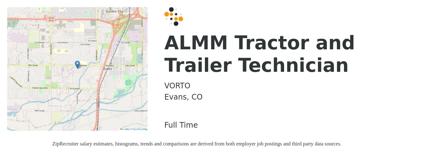 VORTO job posting for a ALMM Tractor and Trailer Technician in Evans, CO with a salary of $35 to $45 Hourly with a map of Evans location.