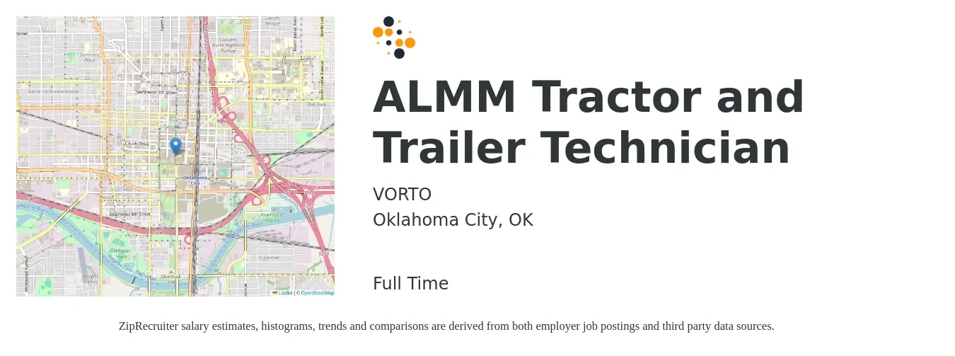 VORTO job posting for a ALMM Tractor and Trailer Technician in Oklahoma City, OK with a salary of $35 to $45 Hourly with a map of Oklahoma City location.