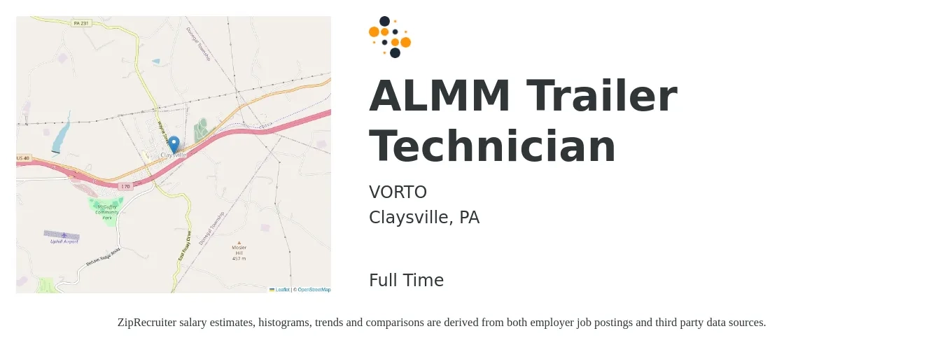 VORTO job posting for a ALMM Trailer Technician in Claysville, PA with a salary of $25 to $35 Hourly with a map of Claysville location.