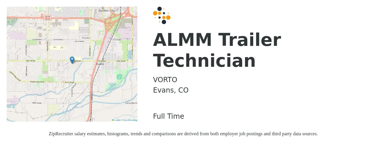 VORTO job posting for a ALMM Trailer Technician in Evans, CO with a salary of $25 to $35 Hourly with a map of Evans location.