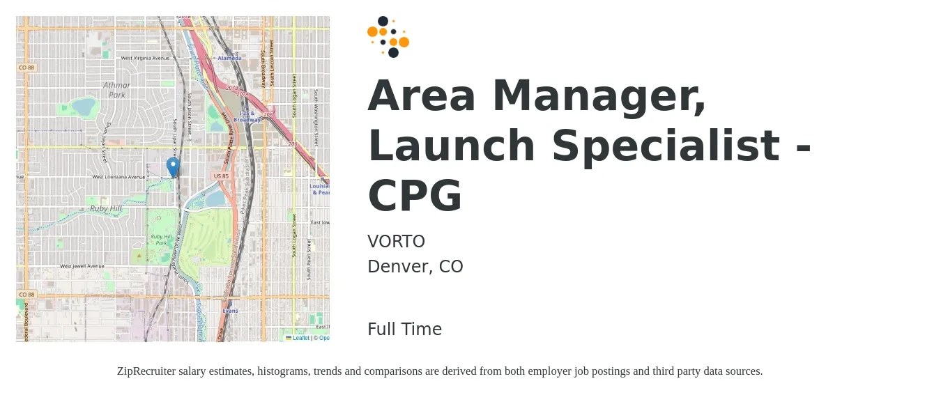 VORTO job posting for a Area Manager, Launch Specialist - CPG in Denver, CO with a salary of $120 Hourly with a map of Denver location.