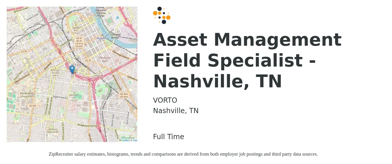 VORTO job posting for a Asset Management Field Specialist - Nashville, TN in Nashville, TN with a salary of $75,000 to $85,000 Yearly with a map of Nashville location.